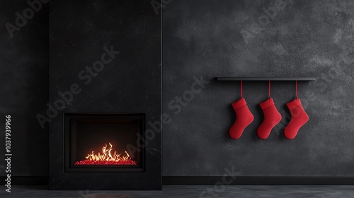 Sleek modern fireplace, black marble with red stockings hanging, flickering firelight casting warm shadows, taken from a lowangle perspective looking upward photo