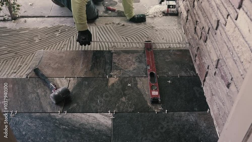 Phoenix, Arizona, AZ, USA.9.23.24. An unidentified tiler is installing ceramic tiles in a house.
