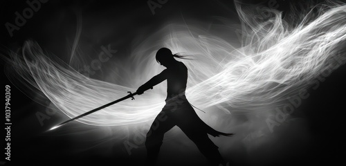 Monochrome setting and long exposure used to capture a warrior with a glowing blade. photo