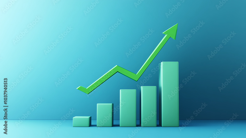 Green bar chart with upward arrow on blue background. created with Generative AI technology Green bar chart with upward arrow on blue background. created with Generative AI technology