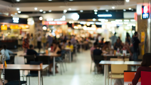 Food Court Blur: A blurred background of a bustling food court in a shopping mall, with various food stalls and seating areas.