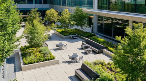 Fototapeta Naklejka Na Ścianę i Meble -  A serene shot of a landscape architect designing a rooftop garden oasis with greenery and seating areas for a corporate office building, Rooftop garden design scene, Urban oasis style