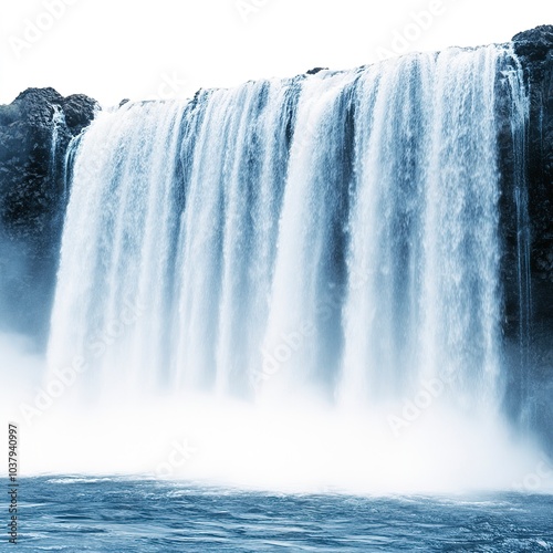 Waterfall with mist clipart, serene element, dreamlike style, soft whites, isolated on white background  