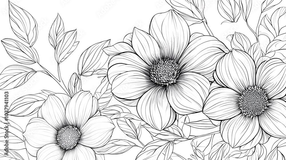Elegant Black and White Floral with Delicate Daisy Flowers and Leaves
