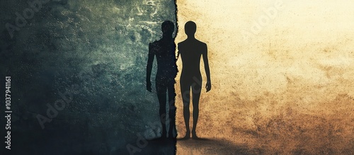 A shadow split by light and dark mirrors the duality and conflict within a person.