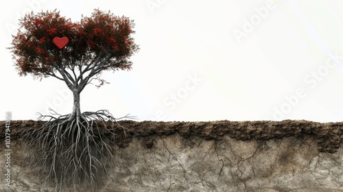 a heart-shaped tree with roots reaching deep into the ground, symbolizing the rootedness of love and its grounding influence on individuals photo