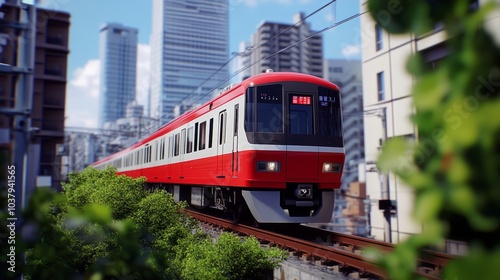 A red and white train speeding through a cityscape, seen through a blurred view of foliage.