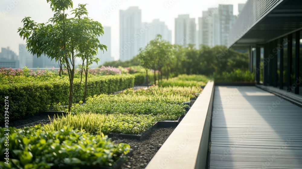 A serene shot of a landscape architect designing a rooftop garden with sustainable features for an office complex, Rooftop garden design scene, Green architecture style A serene shot of a landscape architect designing a rooftop garden with sustainable features for an office complex, Rooftop garden design scene, Green architecture style