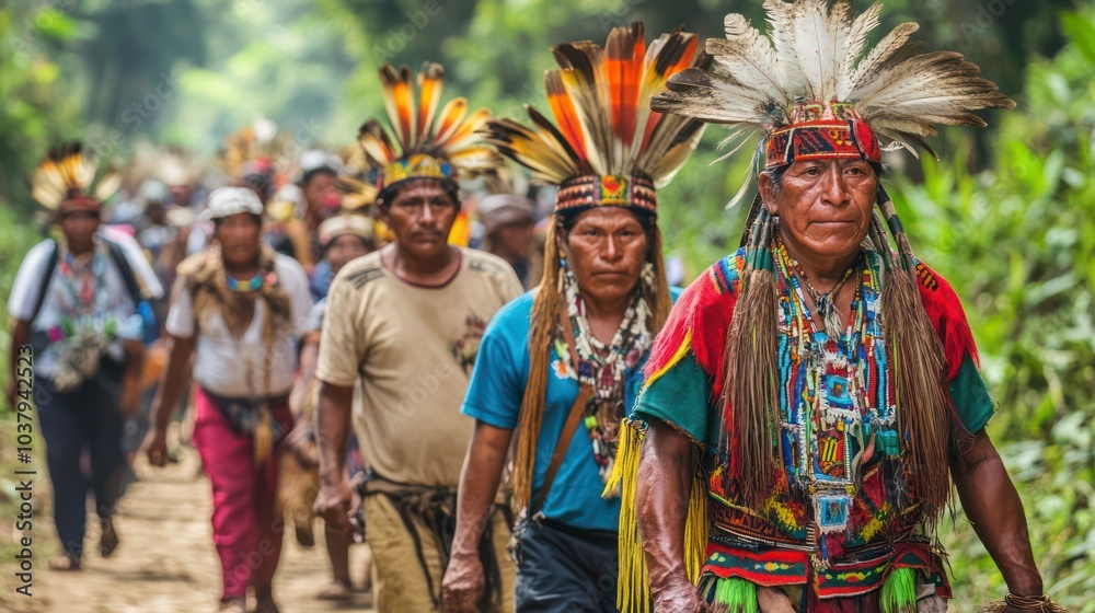 Fototapeta premium A group of men wearing colorful headdresses and clothing are walking down a path