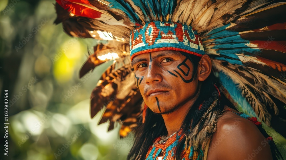 A man wearing a colorful Indian headdress and face paint A man wearing a colorful Indian headdress and face paint