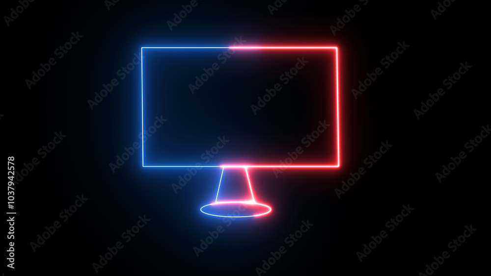 Computer monitor mute speaker. Abstract neon monitor icon on black background. Neon line Monitor icon for graphic design projects. Computer monitor mute speaker. Abstract neon monitor icon on black background. Neon line Monitor icon for graphic design projects.
