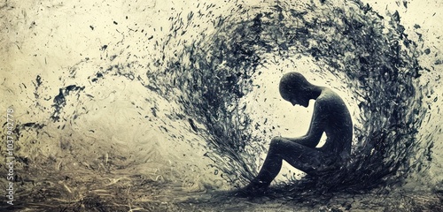 Chaotic elements swirl around a seated figure, illustrating mental disarray.