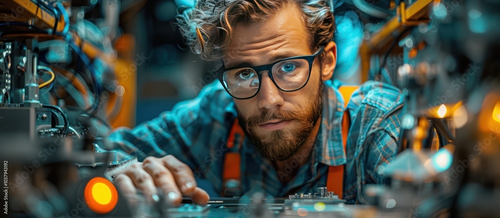 A focused young engineer works on a complex industrial machine, surrounded by wires and machinery. He wears safety glasses and a blue shirt with suspenders, looking intently at his work. A focused young engineer works on a complex industrial machine, surrounded by wires and machinery. He wears safety glasses and a blue shirt with suspenders, looking intently at his work.