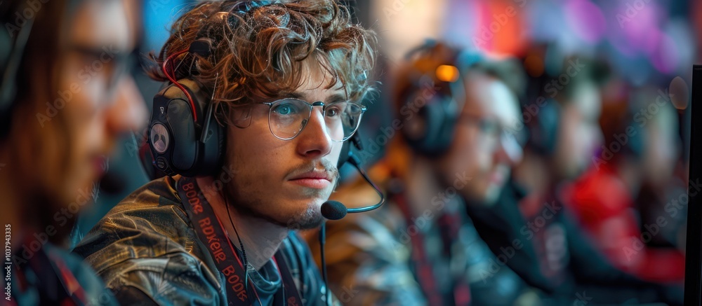 Close-up of a young man wearing glasses and a headset, concentrating on a computer screen. Close-up of a young man wearing glasses and a headset, concentrating on a computer screen.