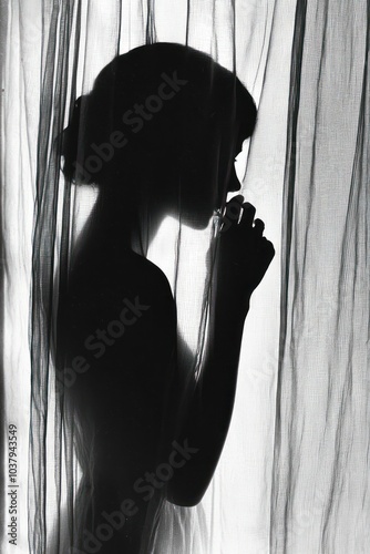 A figure obscurely visible behind a sheer curtain, hinting at secrecy or concealment.