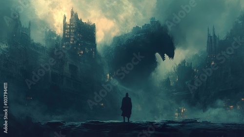 A Lone Figure Faces a Dark Fantasy City and Monster