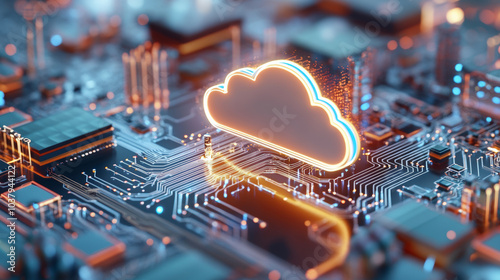 A glowing cloud icon hovers over a circuit board, symbolizing cloud computing technology and data connectivity in a digital environment.