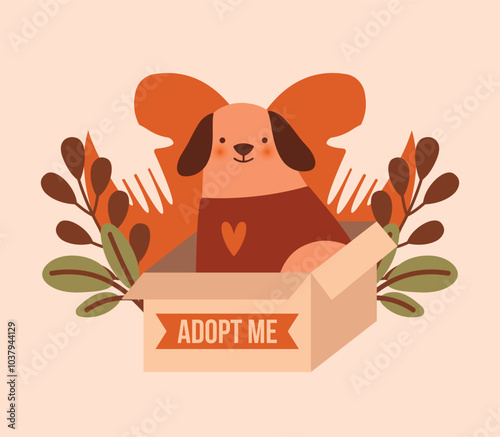 Homeless funny dog sitting in box. Adopt the dog. Naive cute illustration with dog, heart shape, human's hands, leaves, plants. Cartoon clip art for sticker, card, banner of dog shelter. Flat style.