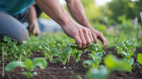 A man is tending to a garden of green plants