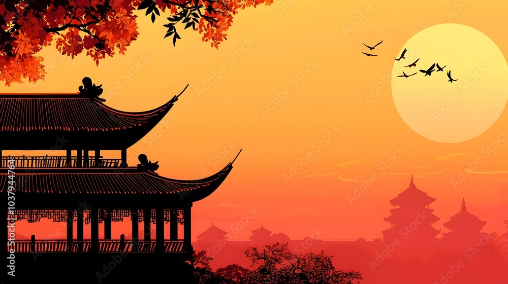 Tranquil Chinese Temple Rooftops Silhouetted Against a Vibrant Sunset Sky Tranquil Chinese Temple Rooftops Silhouetted Against a Vibrant Sunset Sky