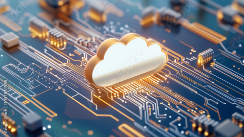 A luminous cloud icon sits on a circuit board, symbolizing cloud computing technology and the integration of digital data with electronic systems.