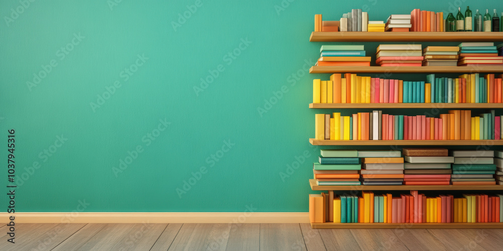 Colorful books are neatly arranged on wooden shelves against a vibrant turquoise wall, creating a cozy and inviting reading corner in the room.