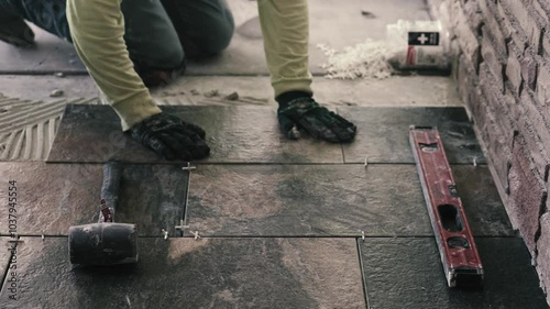 Phoenix, Arizona, AZ, USA.9.23.24. An unidentified tiler is installing ceramic tiles in a house.