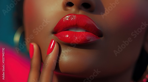 Close up of a woman's lips with bright red lipstick, AI generated image