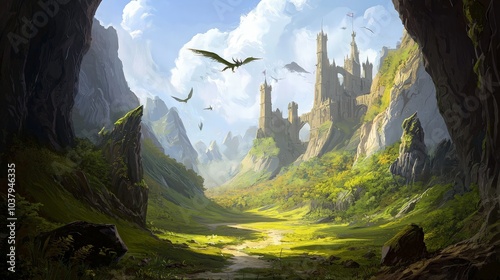 A view from a cave into a valley with a castle, mountains, and flying dragons.