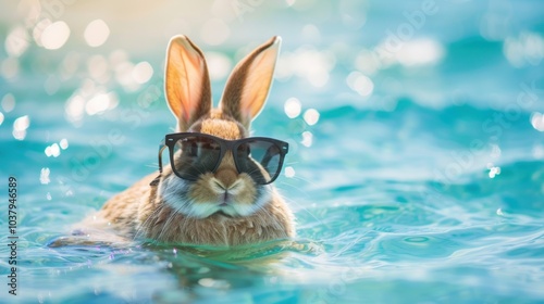 Rabbit in glasses relaxing on sea background, AI generated image photo