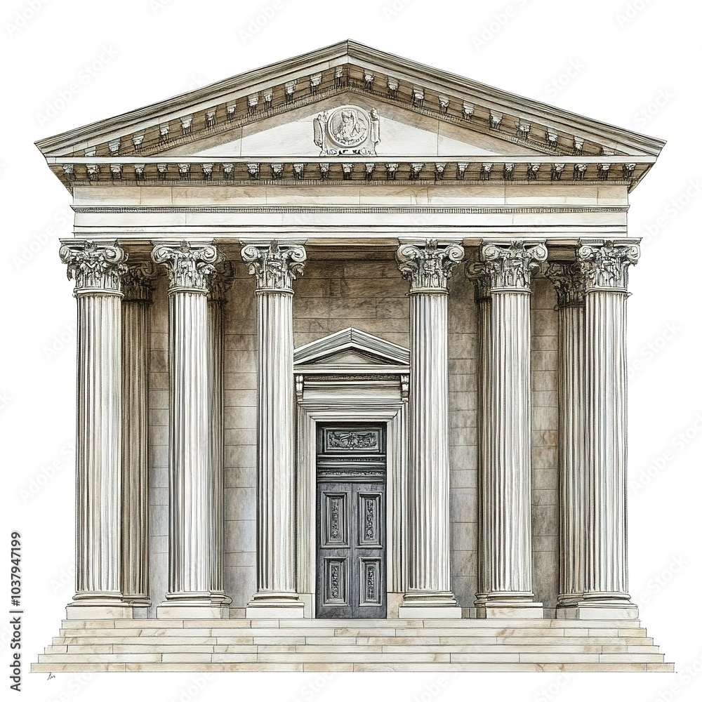 Bank building with pillars clipart, classic architecture element, digital painting, stone texture, isolated on white background Bank building with pillars clipart, classic architecture element, digital painting, stone texture, isolated on white background