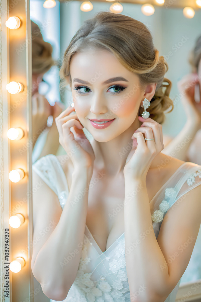 Fototapeta premium A woman in a stylish dress and makeup stands in front of a mirror, putting on earrings as she gets ready for a night out