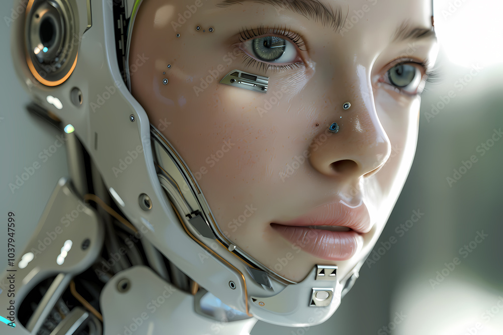 A close-up of a futuristic female robot with a sleek design and intricate mechanical features, showcasing a blend of human and artificial intelligence. A close-up of a futuristic female robot with a sleek design and intricate mechanical features, showcasing a blend of human and artificial intelligence.