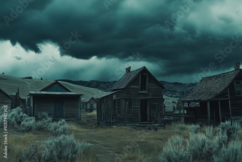 Abandoned houses in the ghost town of Tombstoney, Nevada. Dilapidated structures amongst desert landscape. Symbolic of a forgotten era, frozen in time. photo