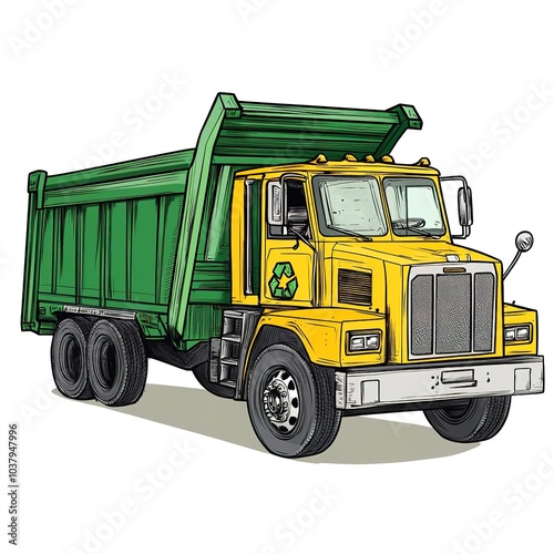 Garbage truck clipart, waste management element, vector style, green and white, isolated on white background 