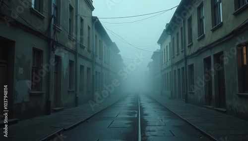 Ghostly mist lifting over a desolate street in an old town with empty windows and the faintest hint of movement in the dark. photo