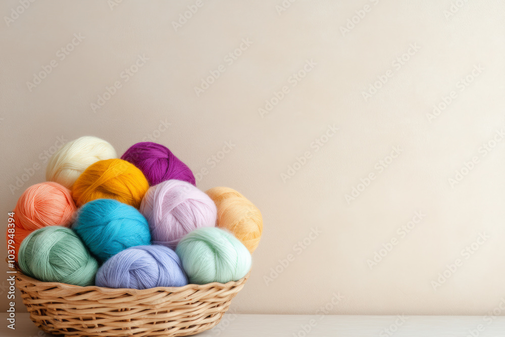 A woven basket holds colorful yarn balls, ranging from purple and teal to peach and yellow, against a neutral background. Perfect for knitting projects.
