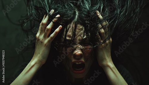Deep mental distress and paranoia afflict a woman in a dark portrayal.