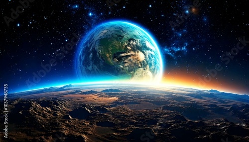 Earth, Moon, and Sun in Space with a Night Sky