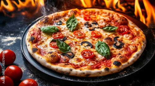 An oven with a wood fire is used to prepare Italian pizza.