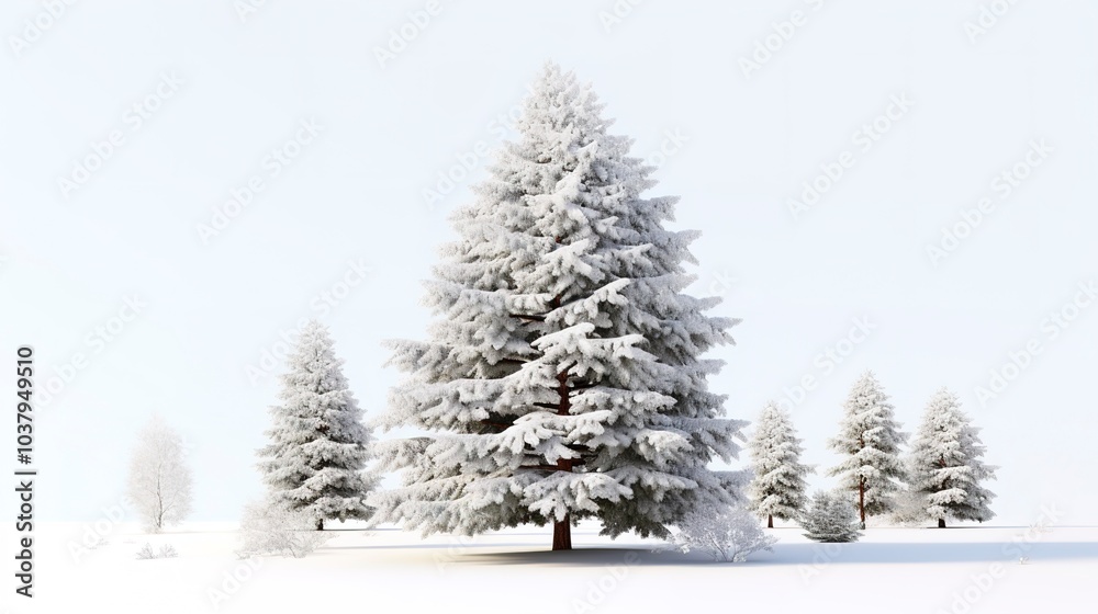 A pine tree with snow, winter forest tree, hyper-realistic 3D rendering, frosty branches, isolated on white background A pine tree with snow, winter forest tree, hyper-realistic 3D rendering, frosty branches, isolated on white background