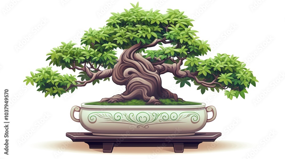 A bonsai tree in a ceramic pot, miniature art tree, detailed vector illustration, trimmed leaves, isolated on white background A bonsai tree in a ceramic pot, miniature art tree, detailed vector illustration, trimmed leaves, isolated on white background