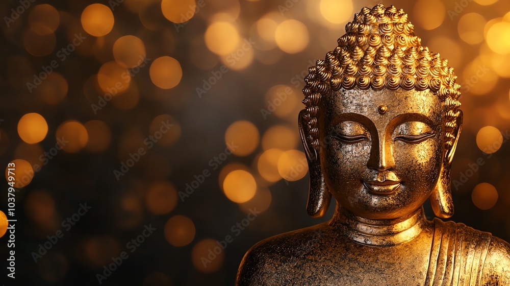 A golden Buddha statue glowing in the sunlight, symbolizing peace and spirituality, golden Buddha, spiritual gold