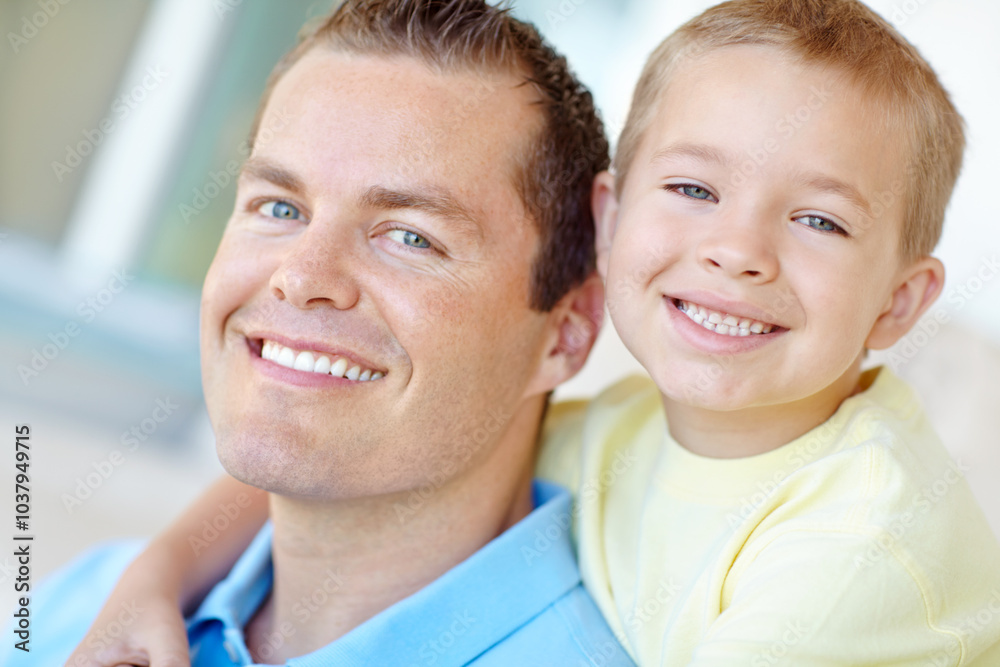 Boy, dad and happy with hug in home for portrait, bonding or love with support for connection in morning. Child, dad and man with smile for security, playful and piggy back at family house in France Boy, dad and happy with hug in home for portrait, bonding or love with support for connection in morning. Child, dad and man with smile for security, playful and piggy back at family house in France