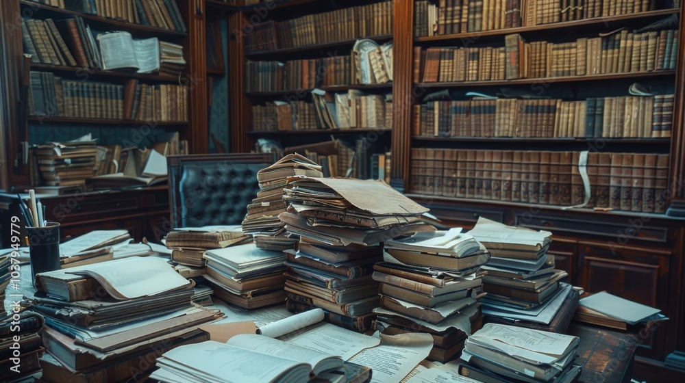 Obraz premium Old fashioned messy office desk covered in paperwork suggesting bankruptcy