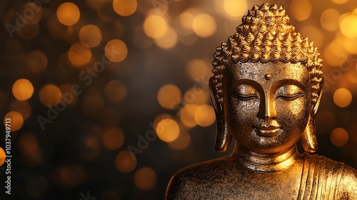 A golden Buddha statue glowing in the sunlight, symbolizing peace and spirituality, golden Buddha, spiritual gold