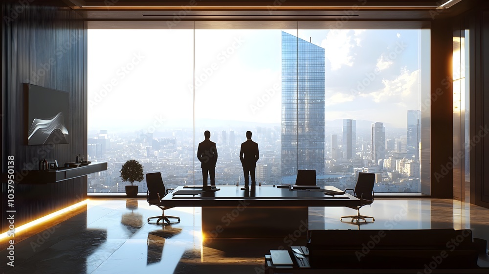 Fototapeta premium Elite Business Professionals Discussing Strategy in Bright,Modern Office Space with Cityscape View