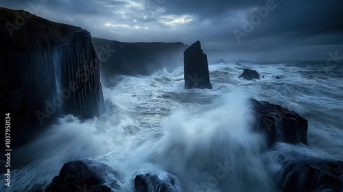 Dramatic coastal seascape at storm surge: Massive waves crash against ancient basalt columns with pre-dawn light and dynamic motion, captured in vivid detail like National Geographic.