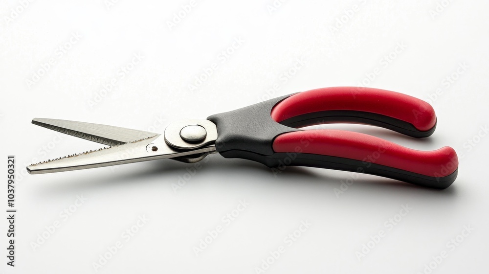 Red-handled gardening shears with serrated edges and stainless steel blades isolated on white background. Generative AI Red-handled gardening shears with serrated edges and stainless steel blades isolated on white background. Generative AI