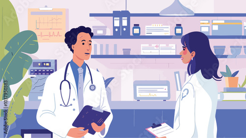 A doctor discussing a patient’s diagnosis with confidence, with medical charts and equipment in the background, symbolizing medical expertise, Expertise 